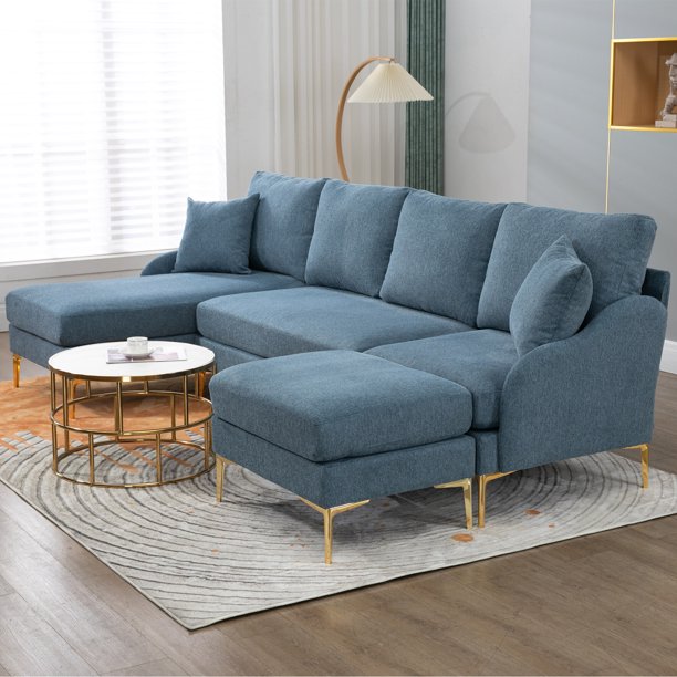 Modern 110'' W U-Shape Sectional Sofa, 4-Seat Sofa Couch with Chaise Lounge and Ottoman, Reversible Left or Right Chaise, Modular Sofa with Golden Metal Legs for Living Room Apartment Office, Blue