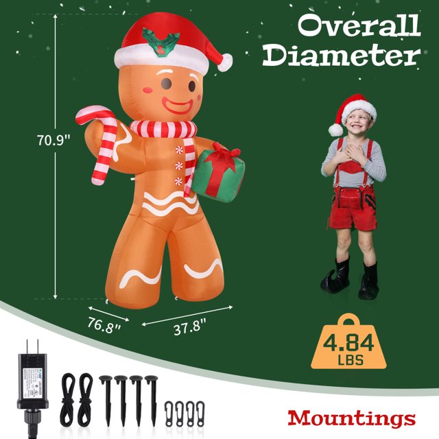 8ft Inflatable Gingerbread Man Holding Gift with 15W 5 LED Lights,Garden Gingerbread Man Decoration Outdoor Yard Christmas Decoration