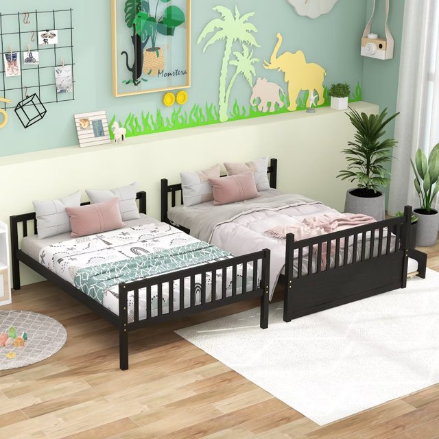 Bunk Bed with Trundle, Full over Full Size Pinewood Bed Frame with Guardrail and Built-in Ladder, Bunk Beds Can be Converted into 2 Platform Bed for Boys Girls, Espresso