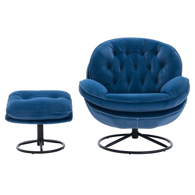 Recliner Sofa Chair with Ottoman, Leisure Upholstered Chair with Footrest for Small Space, Lazy Chair Velvet Corner Chair with Metal Leg, Blue