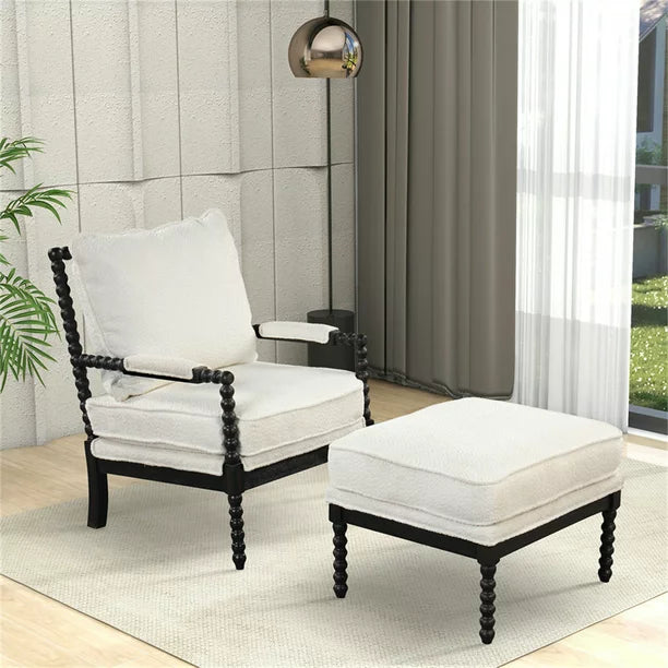 Velvet Accent Chair with Ottoman Spindle Chair Set, Arm Chair Single Sofa Chair with Armrests Pad and Footrest, Retro Lounge Chair Reading Chair for Small Space Living Room, White & Black