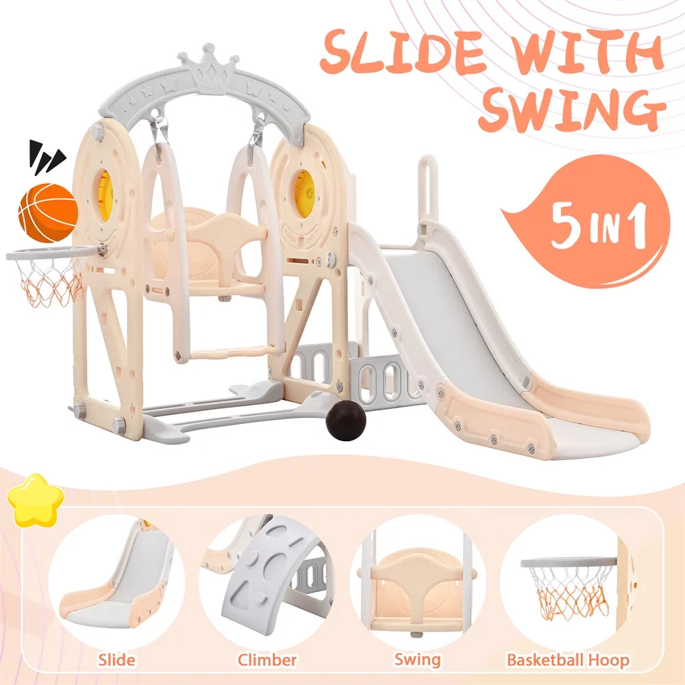 5 in 1 Toddler Slide and Swing Set, Kids Playground Climber Slide Playset with Basketball Hoop Freestanding Combination for Babies Indoor & Outdoor, Pink