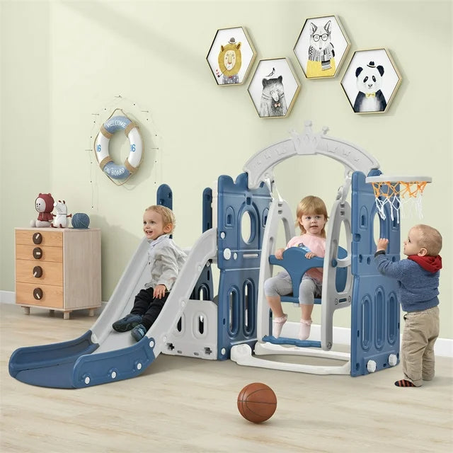 5 in 1 Toddler Slide and Swing Set, Kids Playground Climber Slide Playset with Basketball Hoop Freestanding Combination, Indoor & Outdoor Toys for Babies Kids, Blue