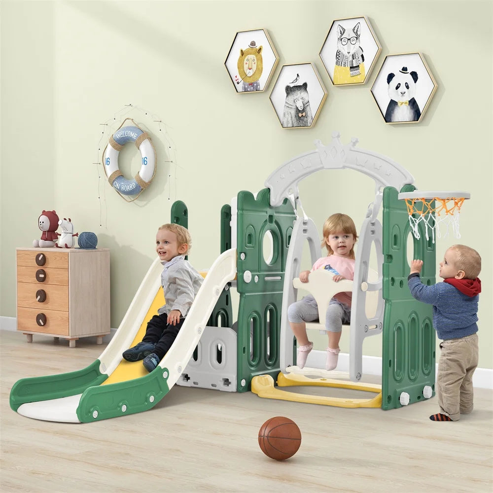 5 in 1 Toddler Slide and Swing Set, Kids Playground Climber Slide Playset with Basketball Hoop Freestanding Combination, Indoor & Outdoor Toys for Babies Kids, Green