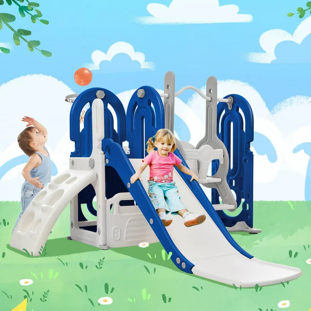 5 in 1 Toddler Swing and Slide Set with Climber, Kids Playground Climber Slide Playset with Safety Belt, Armrest, Basketball Hoop, High Adjustable Baby Swing Set for Indoor Outdoor Backyard, Blue