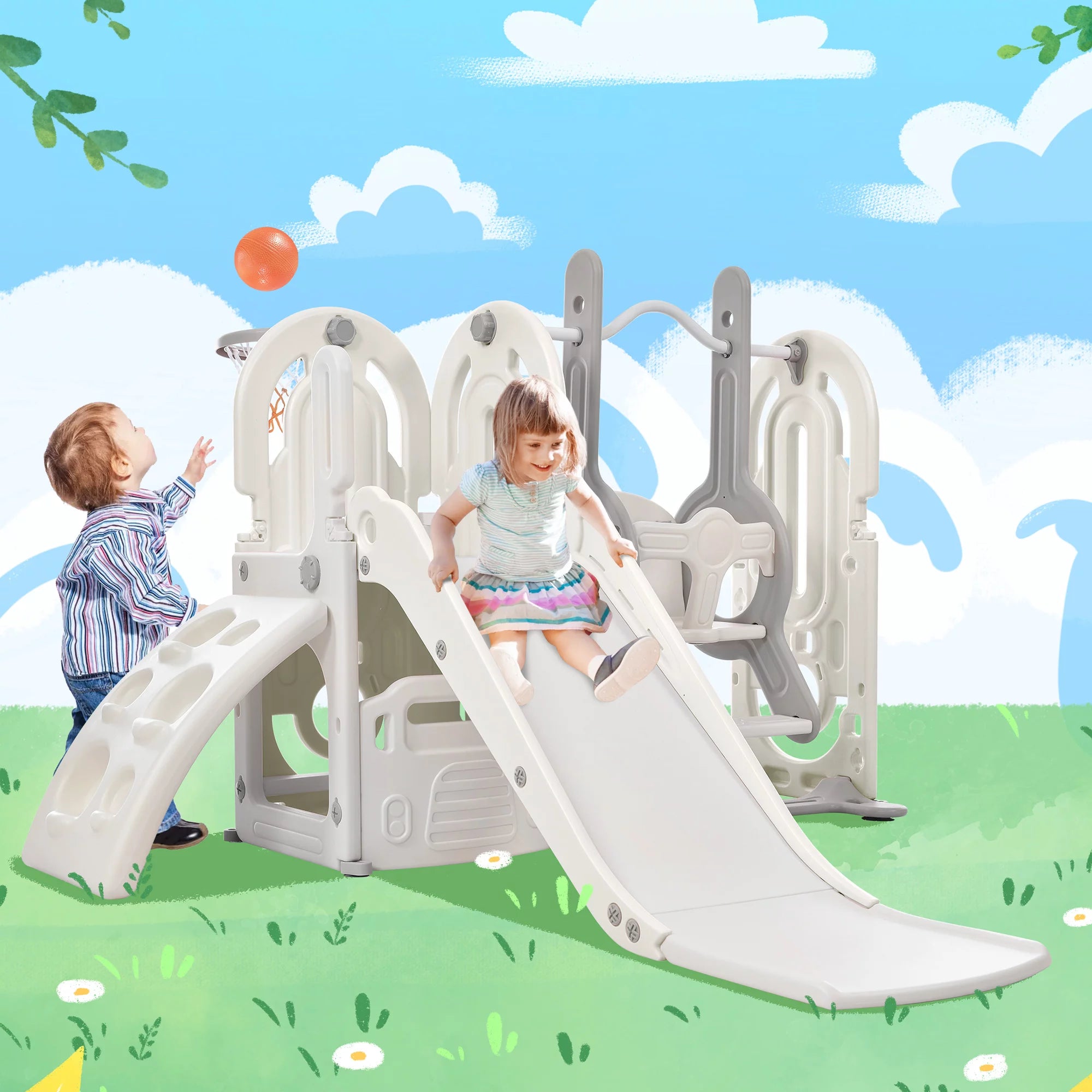 5 in 1 Toddler Swing and Slide Set with Climber, Kids Playground Climber Slide Playset with Safety Belt, Armrest, Basketball Hoop, High Adjustable Baby Swing Set for Indoor Outdoor Backyard, Gray