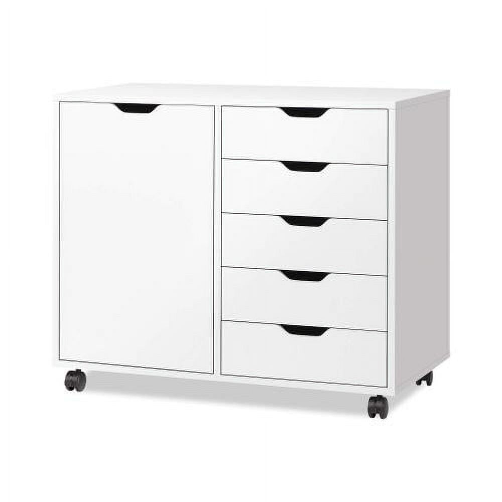 5-Drawer Wood Dresser Chest with Door, Mobile Storage Cabinet, Printer Stand for Home Office, White