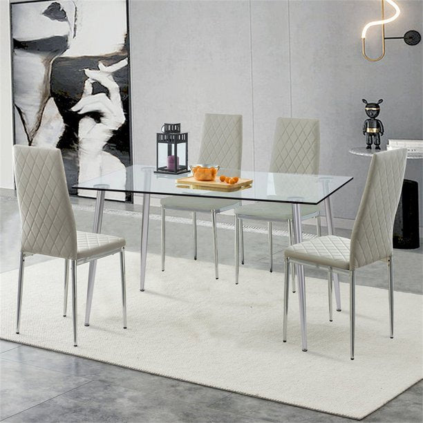 5 Piece Kitchen Dining Table and Chair Set, Dining Room Table Set with 1 Tempered Glass Table 4 PU Leather Padded Chairs, Rectangle Dining Table Set for 4, Gray