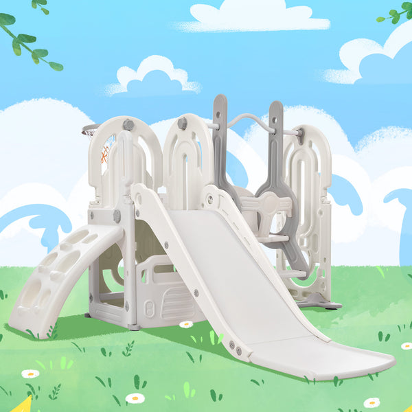 5 in 1 Toddler Slide and Swing Set, Child Playground Climber Freestanding Slide Playset with Basketball Hoop Play Combination for Babies Indoor and Outdoor, Gray