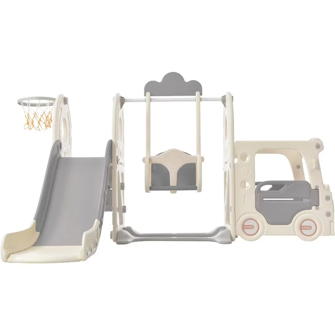 5-in-1 Slide and Swing Set, Toddler Slide Swing Set with Bus Play Structure, Freestanding Slide Set with Climber and Basketball Hoop, Toddler Playground Indoor Outdoor, Gray