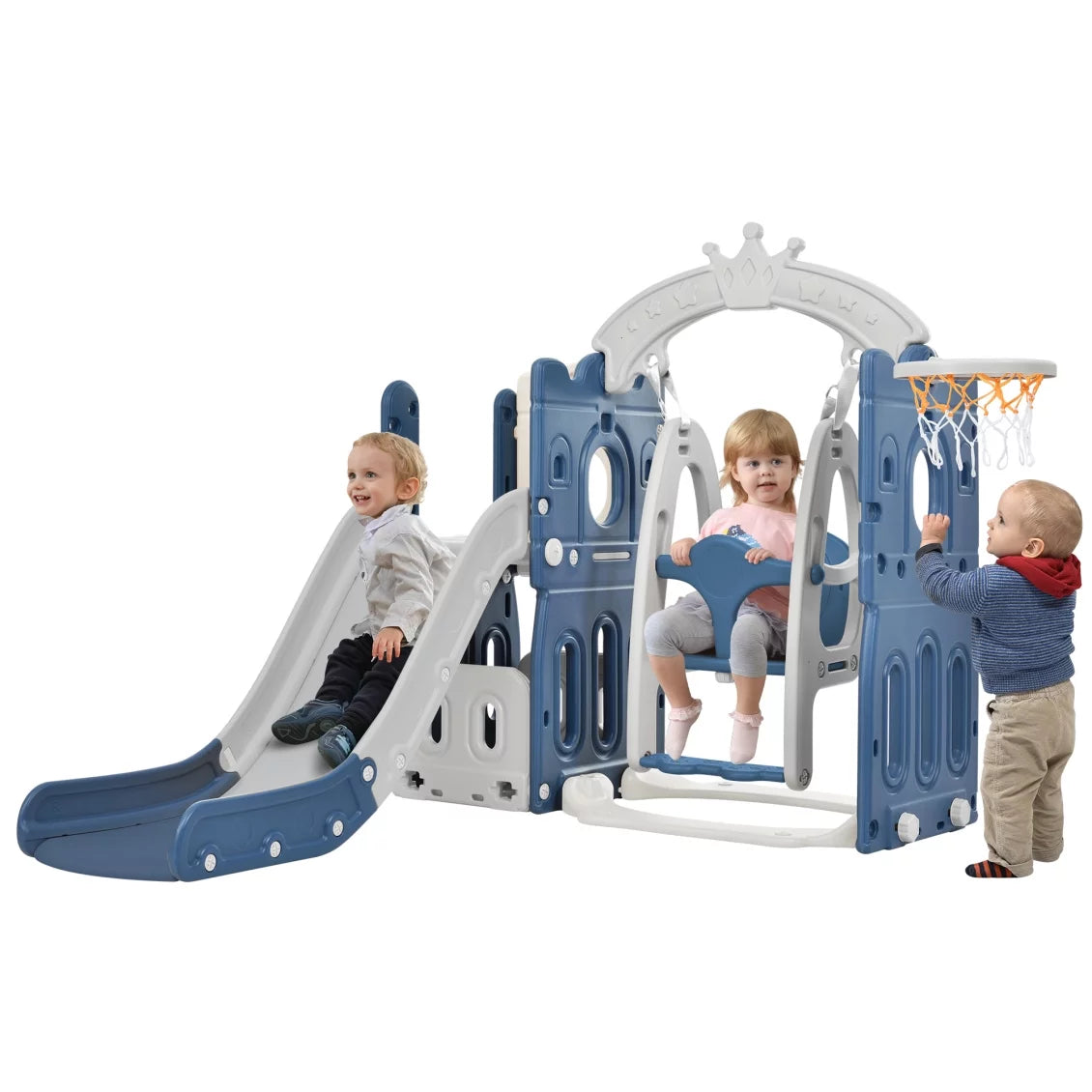 5-in-1 Toddler Slide and Swing Set, Indoor Outdoor Slide Climber Bus Playset with Basketball Hoop Freestanding Combination, Kids Playground Climber Slide Playset, Outdoor Playground Slide, Blue+Gray