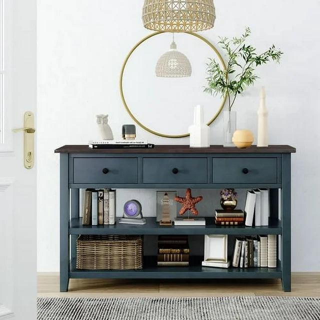 50" Console Table, Mid-century Retro Long Sofa Table with 3 Drawer and 2-Tier Open Storage Shelves, Multifunctional Buffet Sideboard Storage Cabinet for Living Room Entryway Hallway, Navy