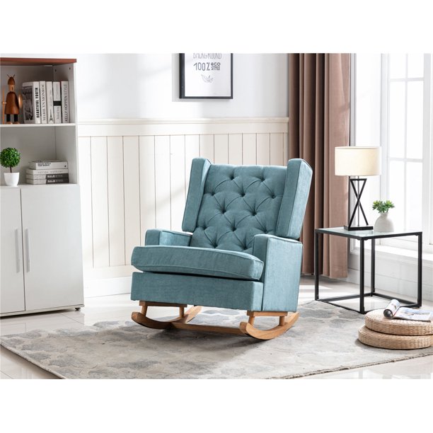 Accent Rocking Chair with Side Pocket, Tufted Upholstered Wingback Glider Rocker Chair for Nursery Living Room Bedroom, Hold up to 300lbs, Mint Green