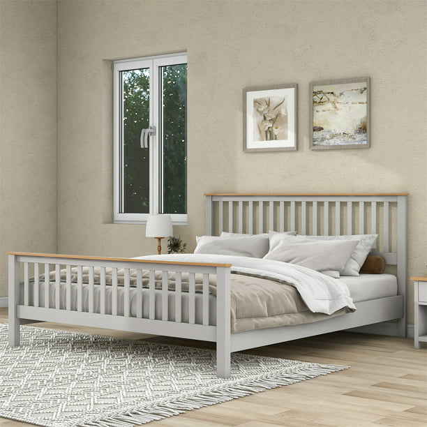 King Size Platform Bed Frame with Headboard, Country Solid Wood Platform Bed Sleigh Bed with Oak Top, Slat Support Bedroom Mattress Foundation for Teens Adults, No Box Spring Needed, Gray+Oak