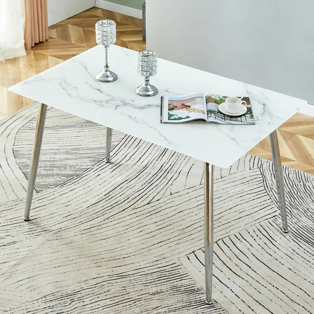 51" Faux Marble Dining Table for 4-6 People, Modern Rectangular White Kitchen Table, Minimalist Dining Room Table for Living Room, 300lbs Capacity