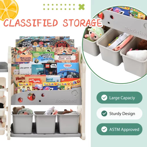Kids Book Shelf Toy Storage Organizer,Storage Rack with 17 Bins and 4 Bookshelves, Multi-functional Nursery Organizer Set,Toy Storage Cabinet,Bookcase Display Book Rack for Bedroom Playroom