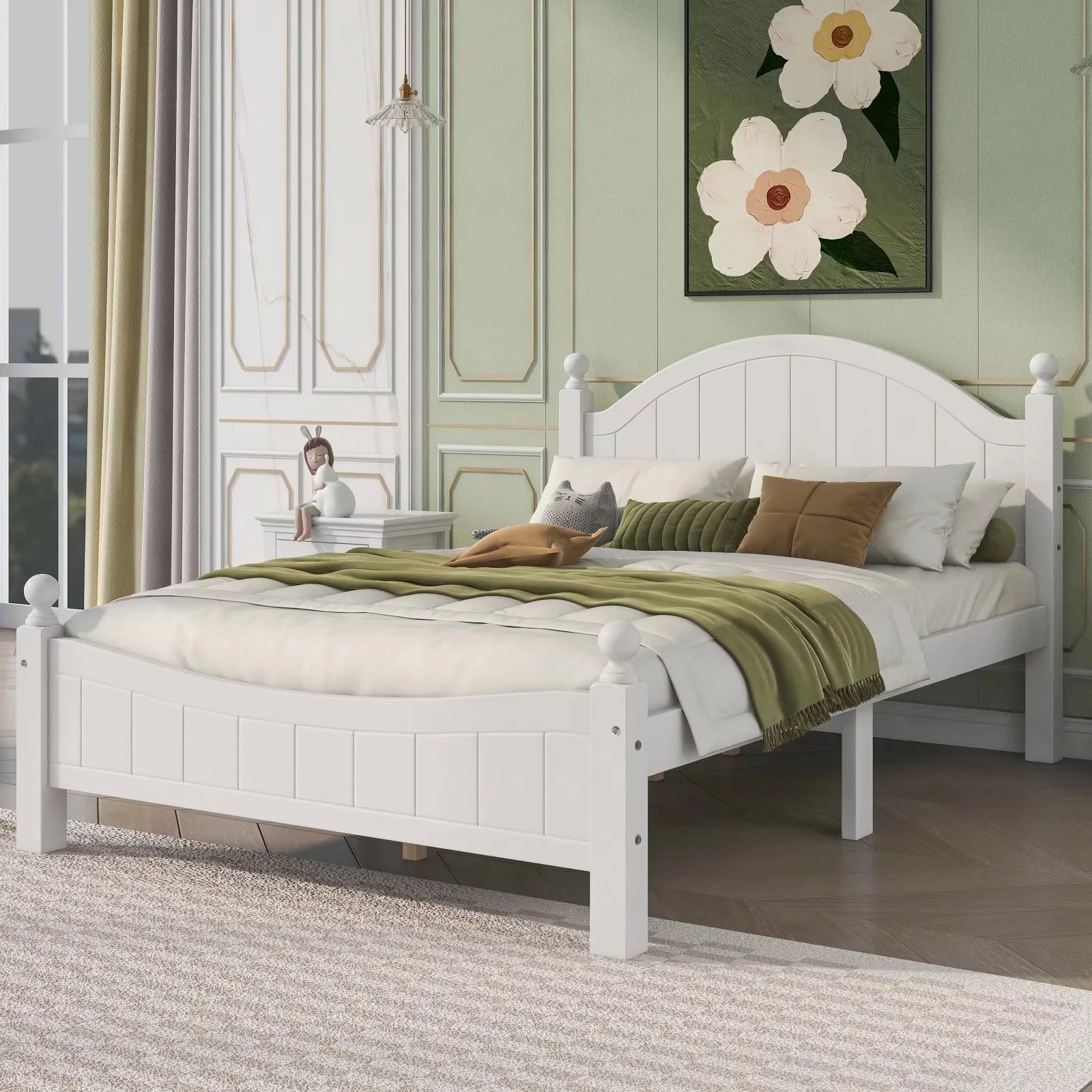 Full Size Platform Bed, Solid Wood Bed Frame with Traditional Headboard and Solid Legs, Full Bed Frame with Sturdy Slats Support for Kids Adults Bedroom, No Box Spring Needed, White