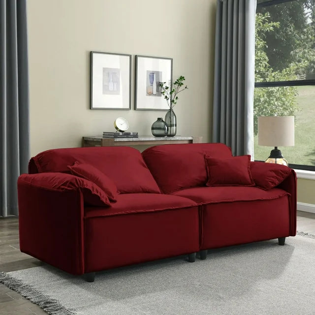 79" Velvet Upholstered Loveseat Sofa, Comfy Soft 3 Seater Couch with Turned Inward Back and Arms, Modern Couch for Living Room, Apartment, Office, Red