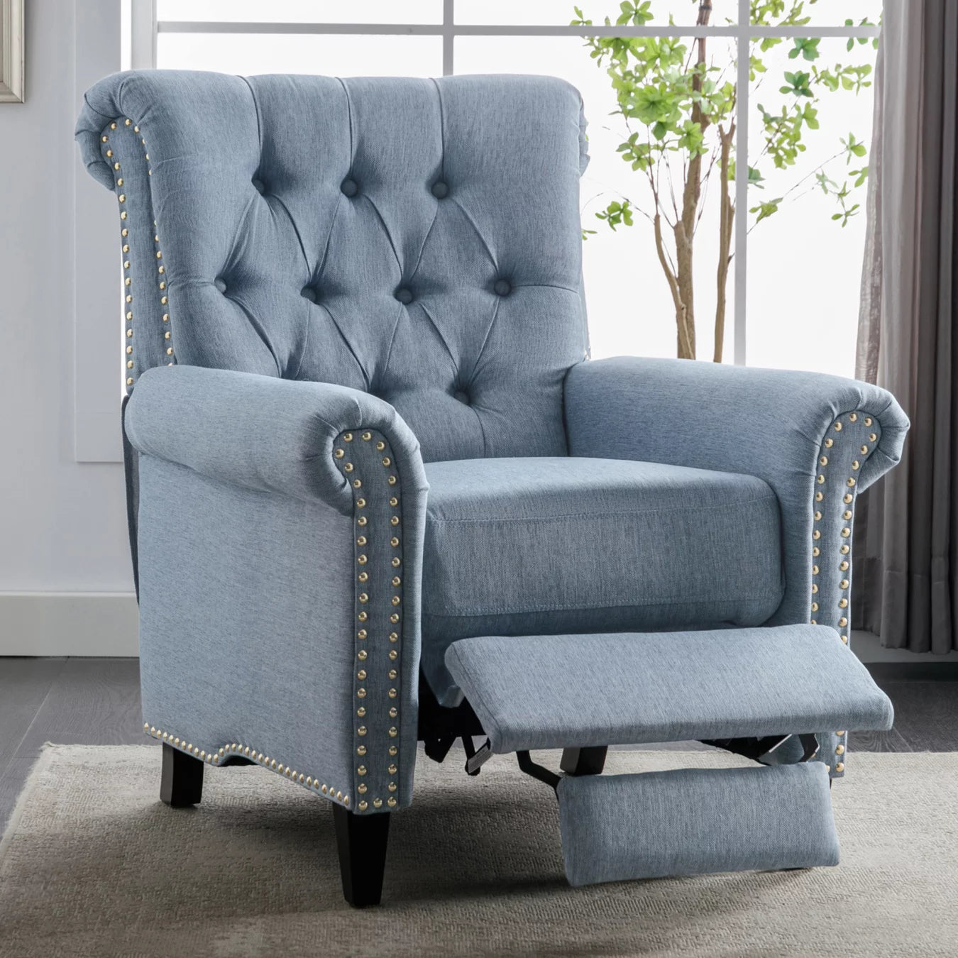 Recliner Chair, Pushback Linen Recliner Single Sofa with Retractable Footrest, Tufted Accent Chairs with Nailheads for Bedroom Living Room, Blue