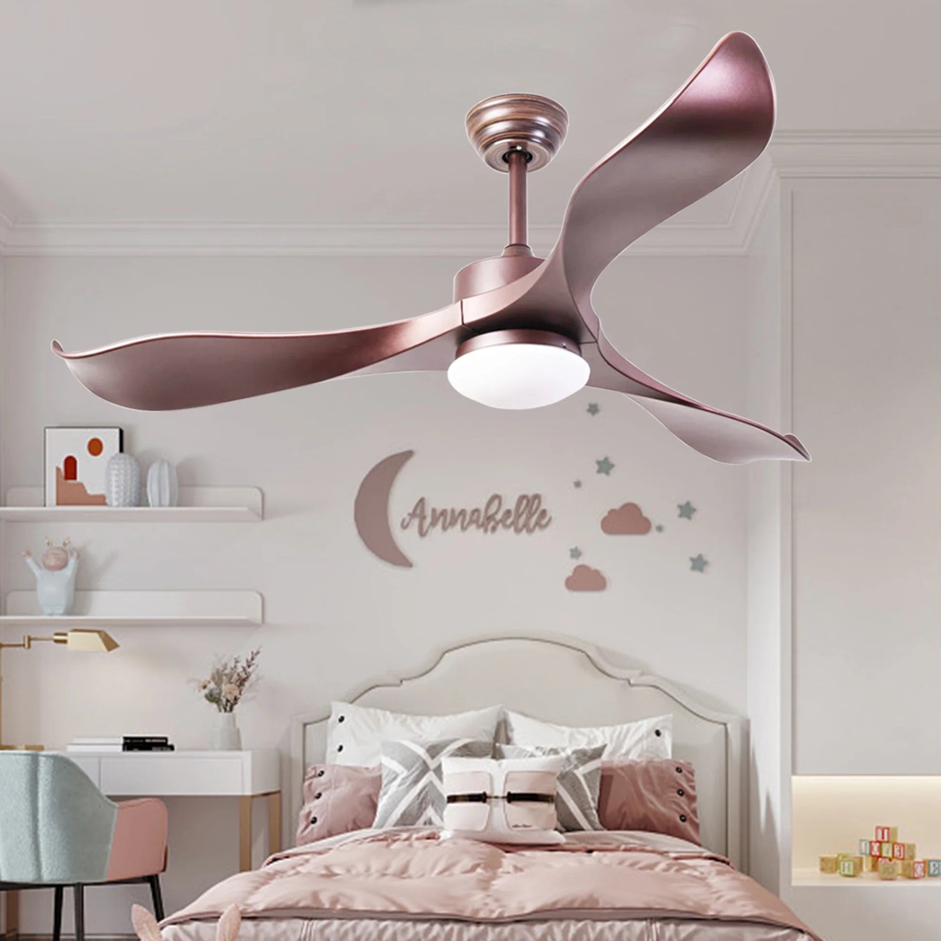52“ Modern Rose Gold Ceiling Fans Light, Classical Style Fan with Remote Control, Lights, 3 ABS Fan Blades, Noiseless Reversible DC Motor, Ceiling Fans with Lights for Patio, Bedroom, Living Room