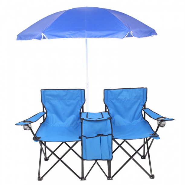 Loveseat Camping Chair with Removable Umbrella,Portable Folding Chair with Cooler Bag & 2 Cup Holders & Carrying Bag, Foldable Patio Chair for Travel, Fishing, Picnic