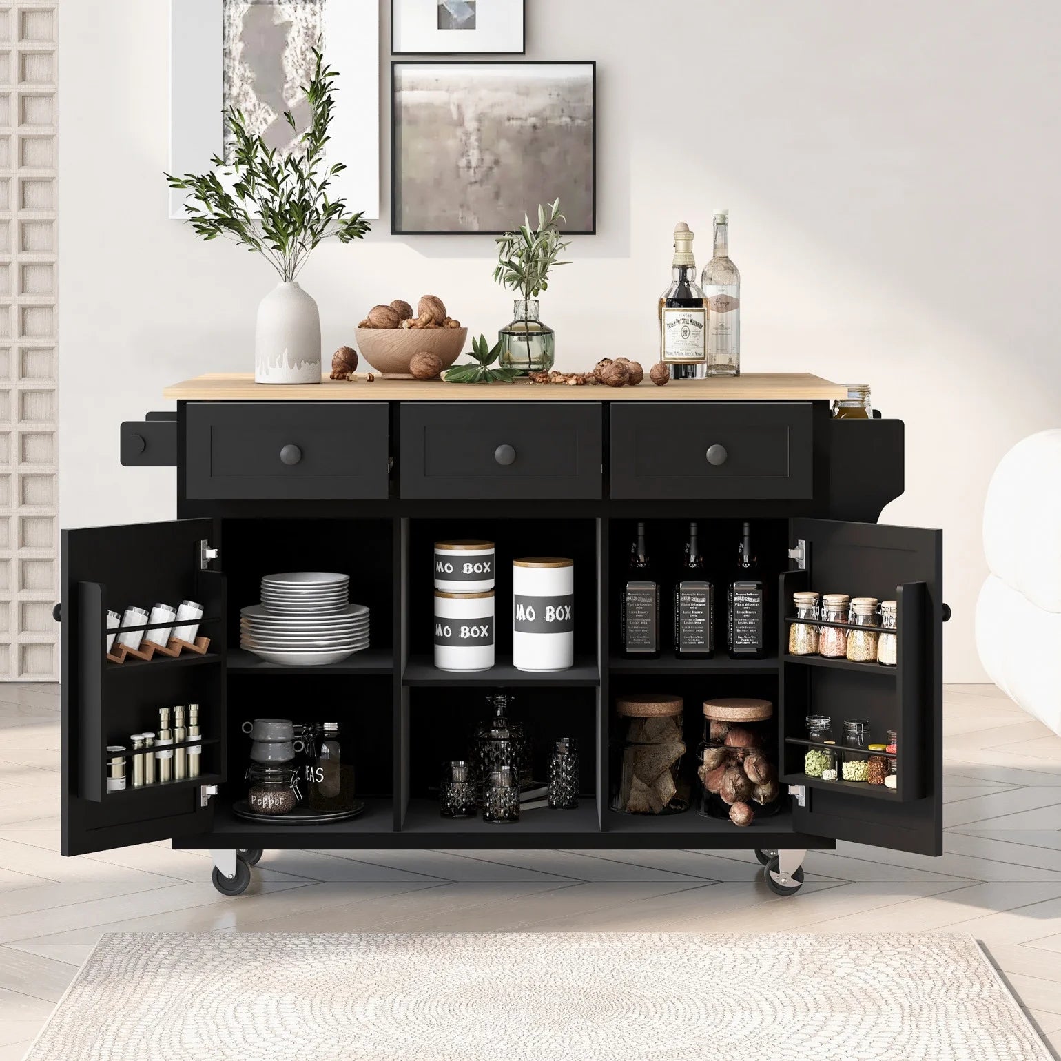 53.1" Kitchen Trolley Cart with 2 Doors & 3 Drawers & Adjustable Shelves, Kitchen Island Cart with Drop-leaf Tabletop and Locking Wheels, Rolling Kitchen Island with Spice Rack and Towel Rack, Black