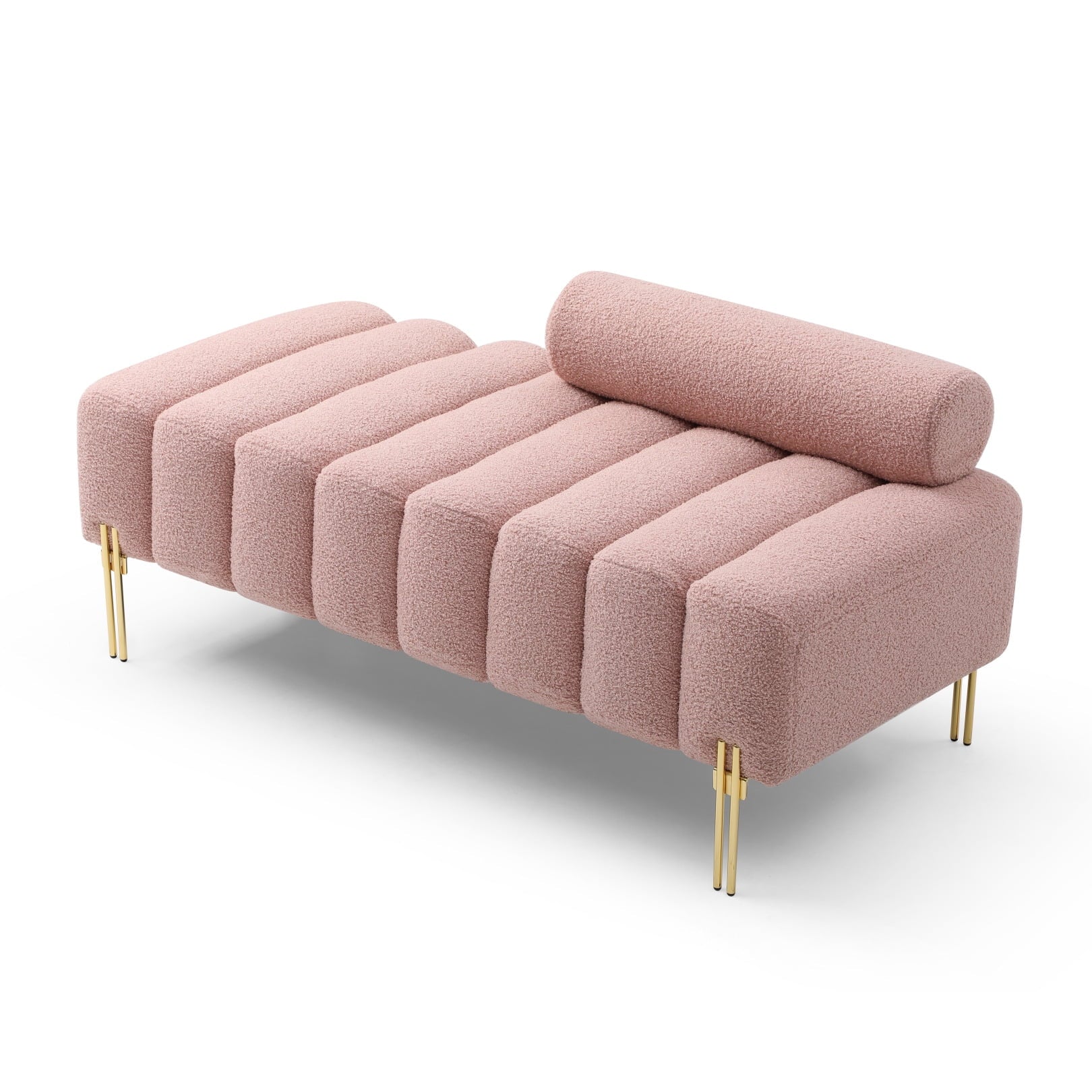 53.2” Modern End of Bed Ottoman Bench with Metal Legs, 2 Seater Fuzzy Sofa Couch with Adjustable Backrest, Fabric Upholstered Loveseat Sofa Stool Footrest Bench for Entryway Bedroom Living Room, Rose