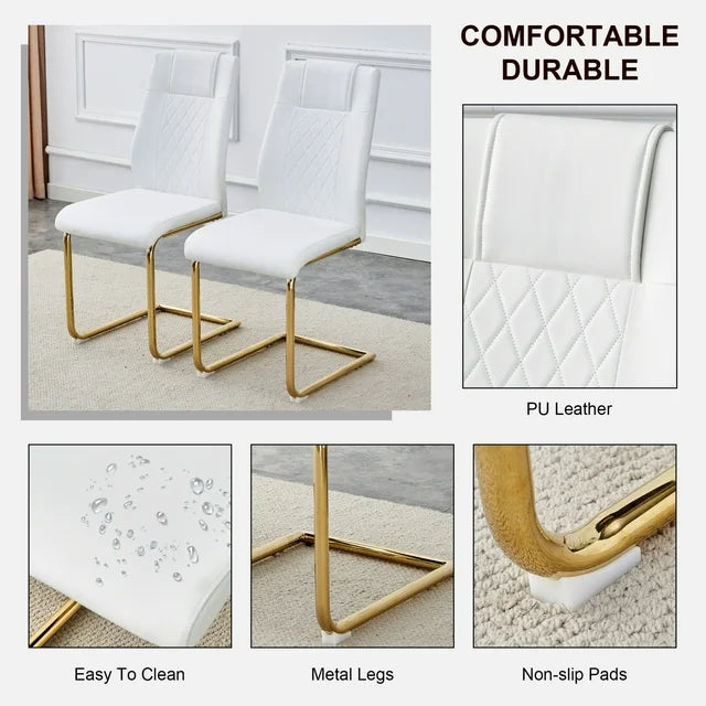 Faux Leather Dining Chairs Set of 6, PU Leather Accent Chairs with Backrest, Metal Legs, 6pcs Armless Parsons Chair for Bed Room,Kitchen, Living Room, White+Gold
