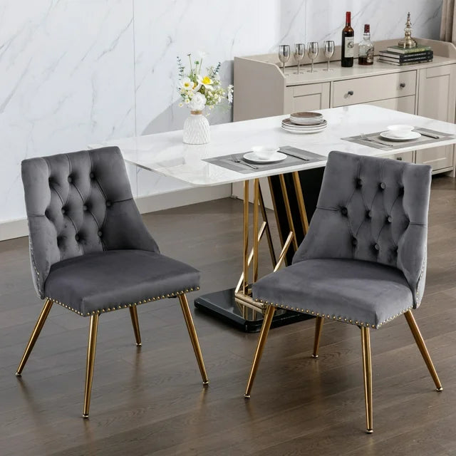 Upholstered Velvet Dining Chair,Accent Chair Vanity Chair with Golden Metal Legs,Dining Chairs Set of 2 for Dining Room Kitchen Vanity Patio,Gray