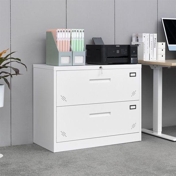 Lateral Filing Cabinet with 2 Drawers, Large Deep Drawers Locked by Keys, Wide Lockable File Cabinet, Metal Steel, Easy to Assenble for Home Office, White