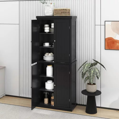 Freestanding Modern 4 Door Kitchen Pantry, Storage Cabinet Organizer with 4 Doors and Adjustable Shelves, 72.4"H-Black