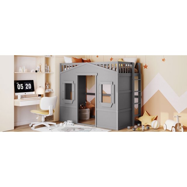 House Loft Bed Twin Loft Bed for Kids, Solid Wood Loft Bed Frame with Ladder and Safety Guardrails, Space Saving House Bed with Window and Wall Fun Playhouse for Kids Boys Girls Teens, Gray