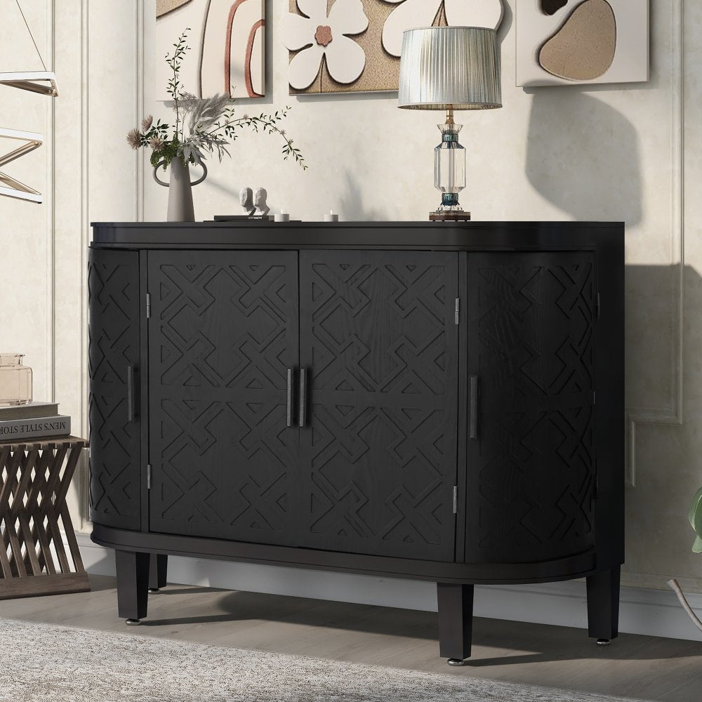 Vintage Accent Storage Cabinet Sideboard, Wooden Cabinet with Antique Pattern Doors and Curved Corner Design, for Hallway, Entryway, Living Room, Bedroom, Black