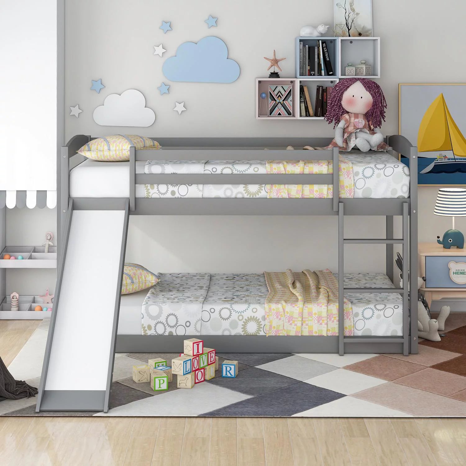 Bunk Bed with Convertible Slide for Kids Teens, Twin Over Twin Floor Bunk Bed with Ladder for Kids Bedroom, Wood Low Bunk Bed Frame No Box Spring Required, Gray, 79.2" L x 83.4" W x 49.2" H