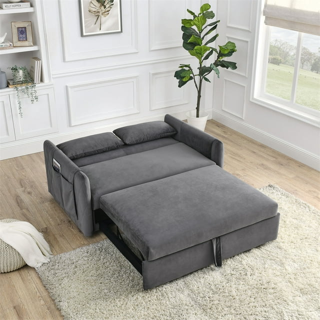 55" Convertible Sleeper Sofa Bed with 2 Pillows and 2 Detachable Pockets, Modern Velvet Upholstered Loveseat Sofa Couch with Pull Out Bed and Adjustable Backrest, Multifunctional 2-Seater Sofa, Grey