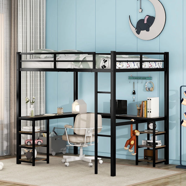 Full Size Loft Bed with Desk and 6 Storage Shelves for Kids Teens Adult, Metal Bed Frame with L-Shaped Desk and Ladder, Noise Free & Space-Saving Design, No Box Spring Needed, Black