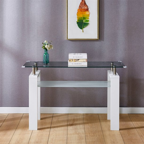 Rectangle Glass Console Table, Modern Clear Cocktail Table with Tempered Glass Top and Open Storage Shelf, Multifunctional 2-Tier Coffee Table with Steel Legs for Living Room Office Bedroom, White