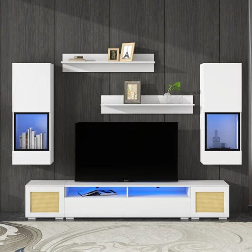 7 Pieces TV Stand Set, 82.6" Modern Rattan Style TV Stand with 16 Color LEDs, Floating TV Cabinet Entertainment Center for 90” TV, Wood TV Console with Storage, Drawers & Open Shelves (White)
