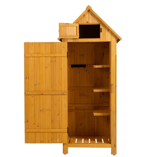 Outdoor Storage Cabinet, Wooden Garden Shed with Lockable Doors and Hooks, Utility Tool Organizer with Shelves, Waterproof Outside Tool Shed for Backyard, Hallway, Garage, Patio, Natural