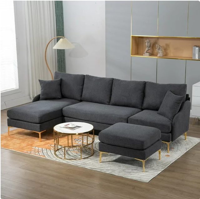 Modern 110'' W U-Shape Sectional Sofa, 4-Seat Sofa Couch with Chaise Lounge and Ottoman, Reversible Left or Right Chaise, Modular Sofa with Golden Metal Legs for Living Room Apartment Office, Gray