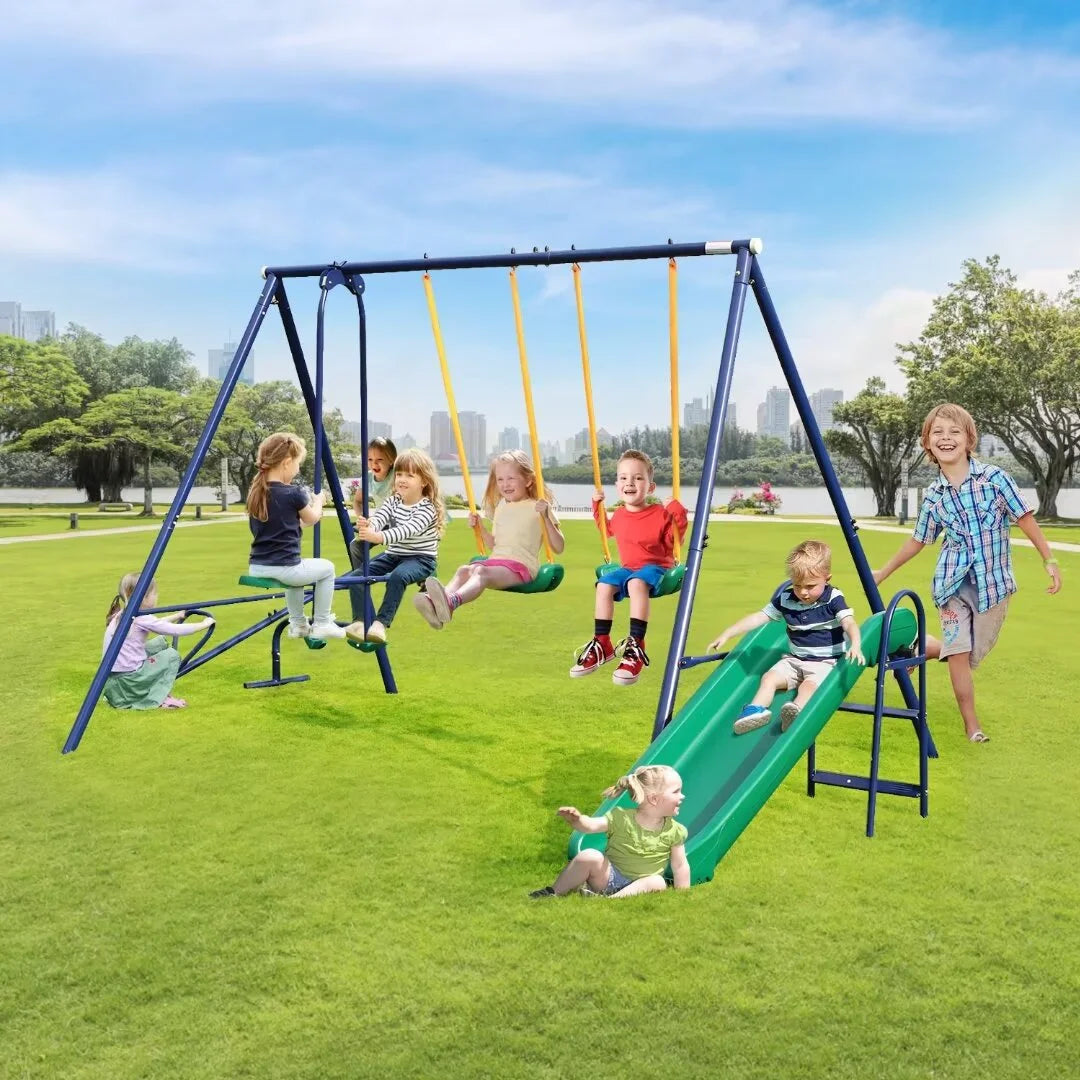 5-In-1 Swing Sets for Outside, 700 LBS Outdoor Swing Set with Slide, 2 Swing Seat, 1 Glider& 1 See-Saw, Heavy-Duty A-Frame Metal Swing Set for Playground/Park/Backyard
