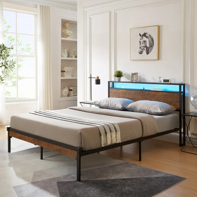 King Bed Frame with LED Lights and USB Liner Industrial Bed Frame with 2 Tier Headboard Platform Bed with Under-Bed Storage, Noise-Free/Metal Slats Support/No Box Spring Needed, Brown