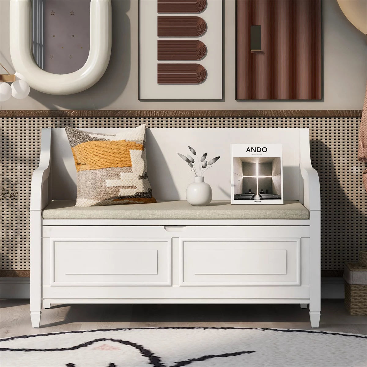 42" Storage Bench, Rustic Entryway Bench with Safety Hinge, Wood Bed Ottoman Bench with Cushion for Living Room Bedroom, White