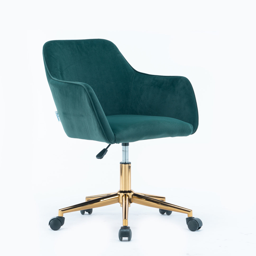 Adjustable Height 360 Revolving Home Office Chair, Soft Velvet Fabric Material Desk Chair with Gold Metal Legs and Universal Wheels, Modern Computer Chair for Indoor, Dark Green