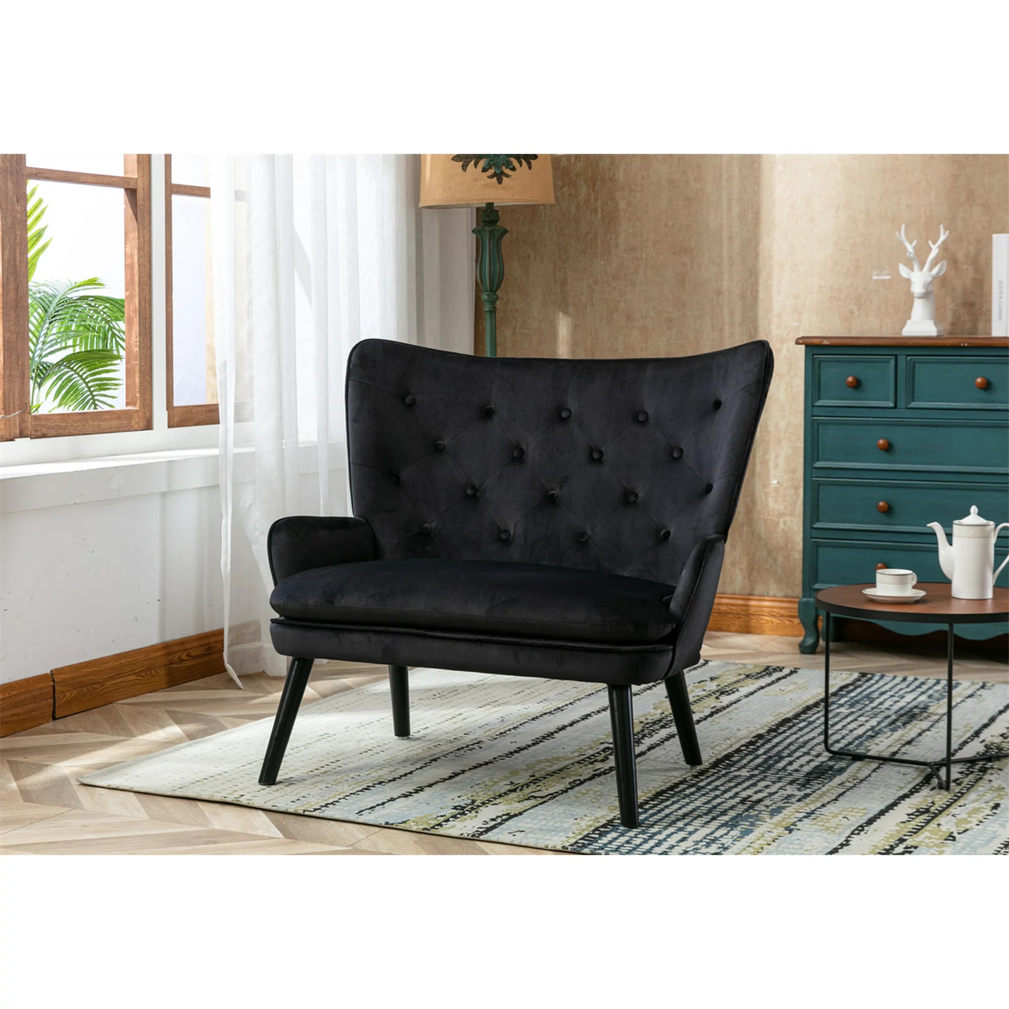 ARCTICSCORPION High Back Accent Chair, Comfortable Loveseat with Fabric Padded Seat, Modern High Back Rest Arm Sofa, Armchair with Wooden Legs for Living Room or Bedroom, Black