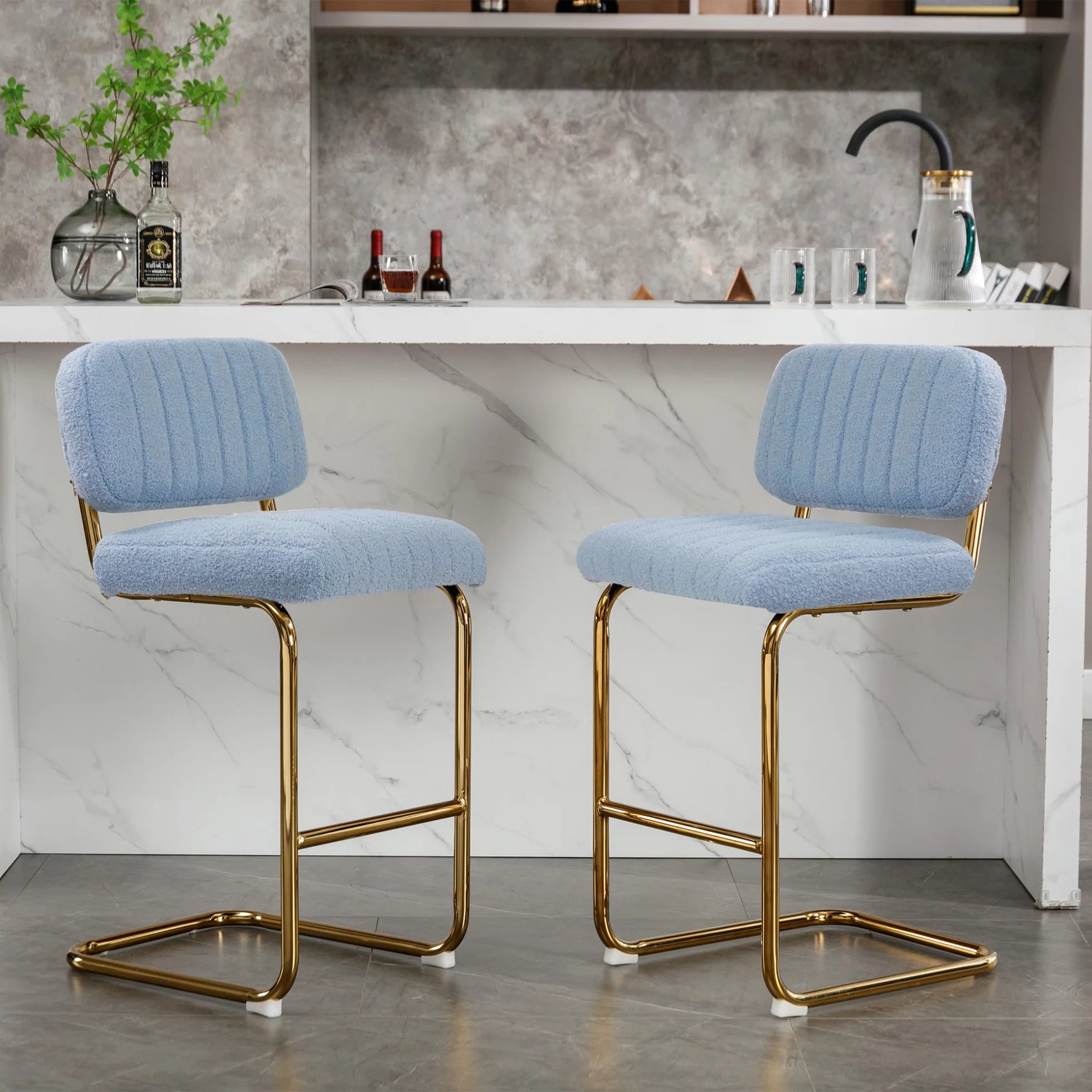 Mid-Century Modern Counter Height Bar Stools Set of 2, Upholstered Boucle Fabric Counter Stools, Armless Bar Chairs with Gold Metal Chrome Base for Kitchen Bar Dining Room, Blue