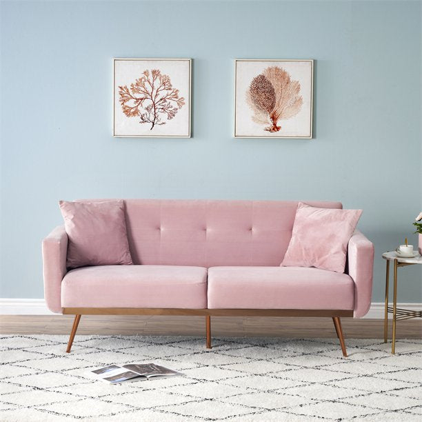 2 Seater Sofa, Modern Pink Velvet Sand Sofa with Midfoot and Two Throw Pillows, Comfy Wooden Loveseat Sofa with Plus Metal Legs for Living Room, Apartment