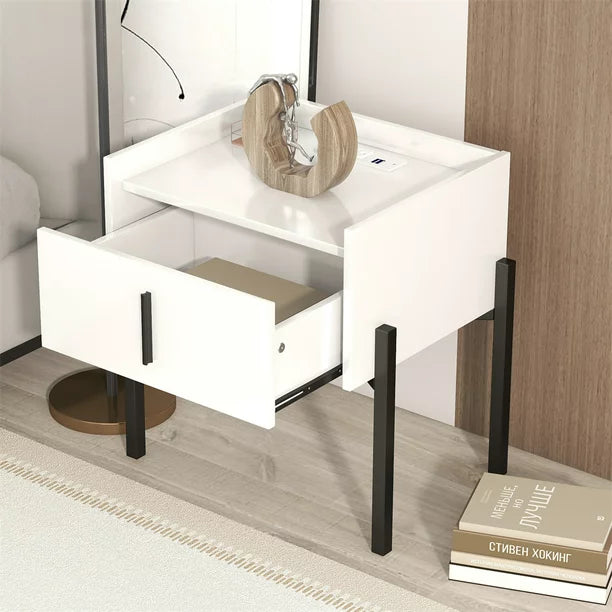 Narrow End Table with Drawer, 2 Standard Plug Outlets and 2 USB Ports, Storage Nightstand Bedside Table with Charging Station, Modern Nightstand for Bedrooms, Offices and Small Space, White