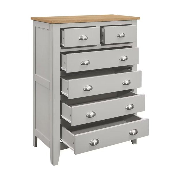 Grey Dresser, 6 Drawer Chest for Bedroom with Wide Drawers and Metal Handles, Modern Wood Storage Chest of Drawers for Living Room Hallway Entryway