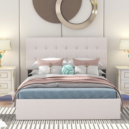 Full Size Gas Lift Upholstered Platform Bed with Button Tufted Headboard,Lift Up Storage Bed with Solid Metal Frame & Wood Stats Support,Hydraulic Lifting Bed,No Box Spring Needed